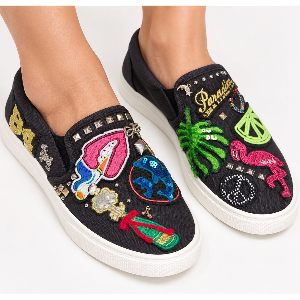 Marc Jacobs Womens Black Canvas Patchwork Embellished Slip On Sneakers